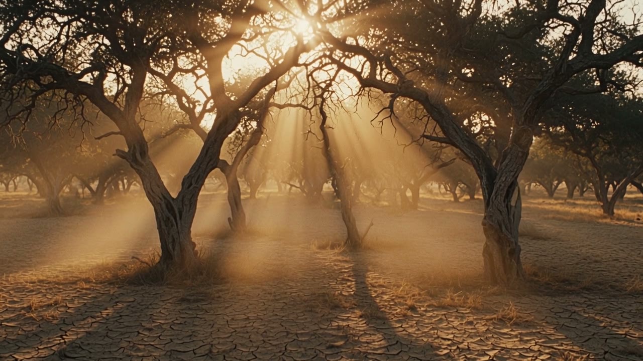 Golden sunbeams passing through a forest, from the FAITH music video