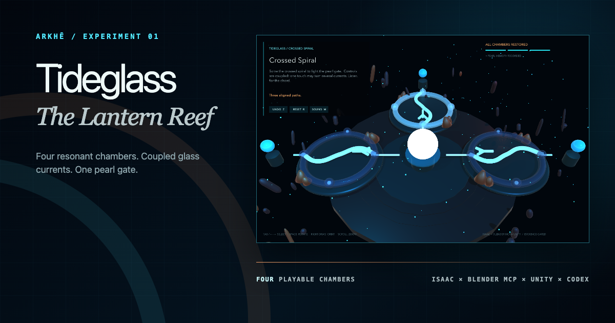Tideglass: The Resonance Engine, a four-chamber 3D puzzle built with Isaac-authored level specifications