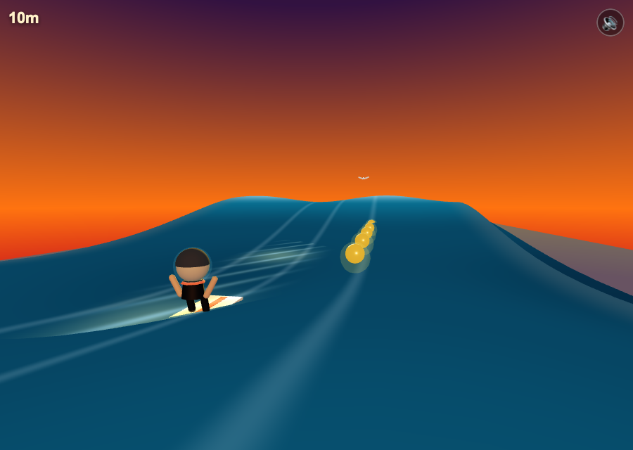 A small surfer riding bright blue waves beneath an orange sky in Wave Rider