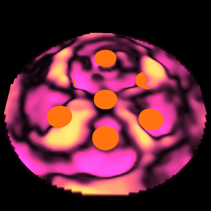 Orange pads sit inside a circular magenta, plum and yellow wave field.