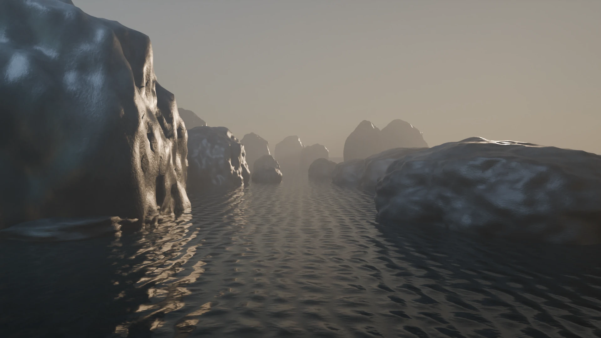 Warm dawn light grazing wet stone above a rippled inlet, with distant rocks dissolving into mist